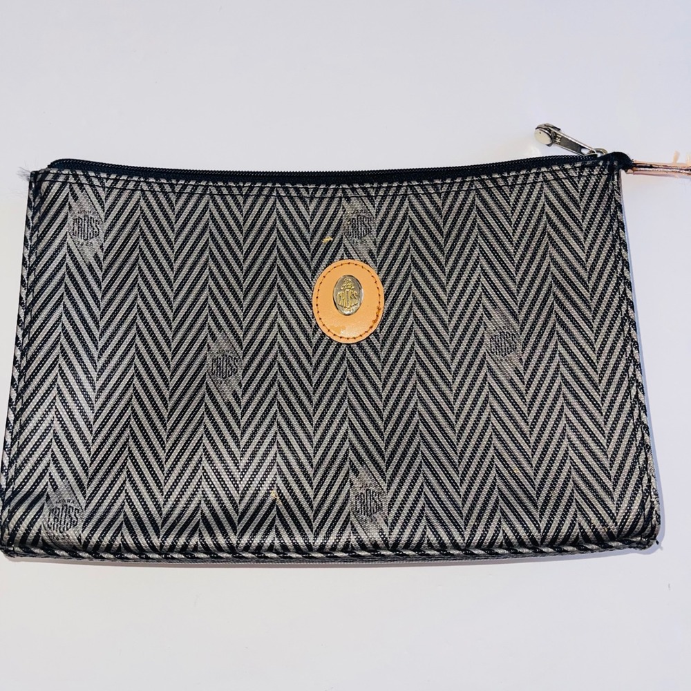 Mark Cross Herringbone Logo Pouch Coated Canvas Black White Silver Hardware